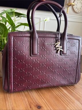 Michael Kors Embossed MK Leather Satchel in Deep Burgundy